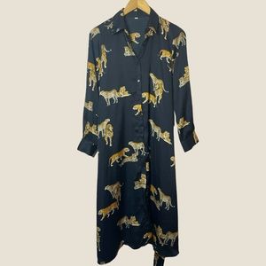 RELISTED. Vintage Tiger Print Long Sleeve Navy Silk Wrap Dress